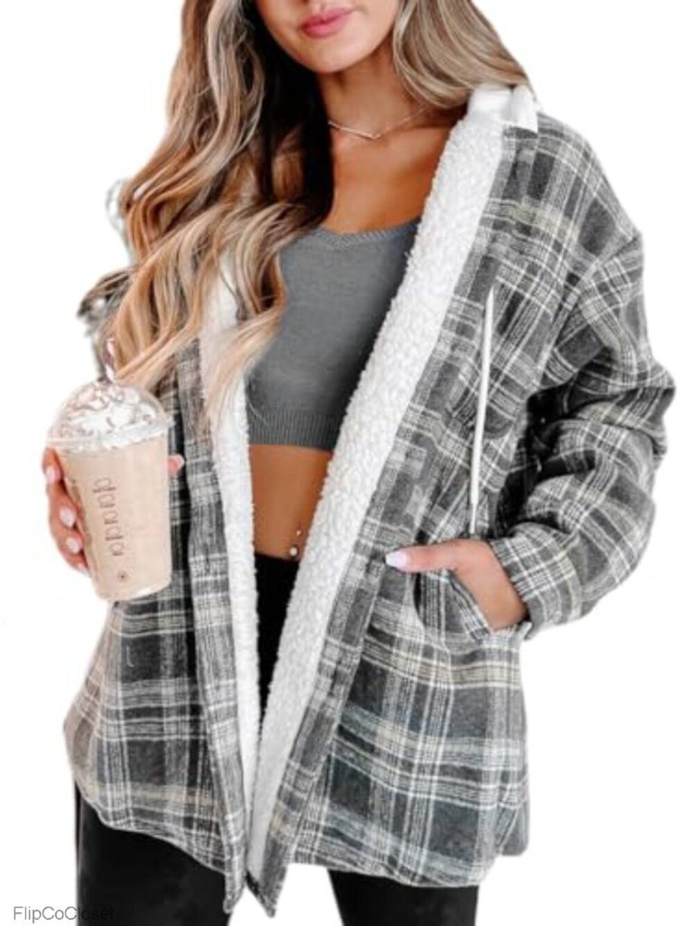 Sherpa Lined Plaid Hooded Shacket Button Front Loose Fit